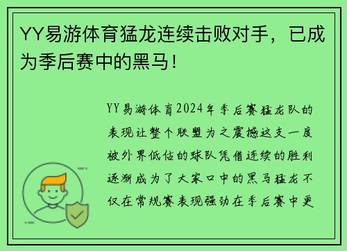 YY易游体育猛龙连续击败对手,已成为季后赛中的黑马!